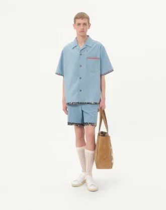 Denim-Bowlinghemd mit floralem Printbesatz