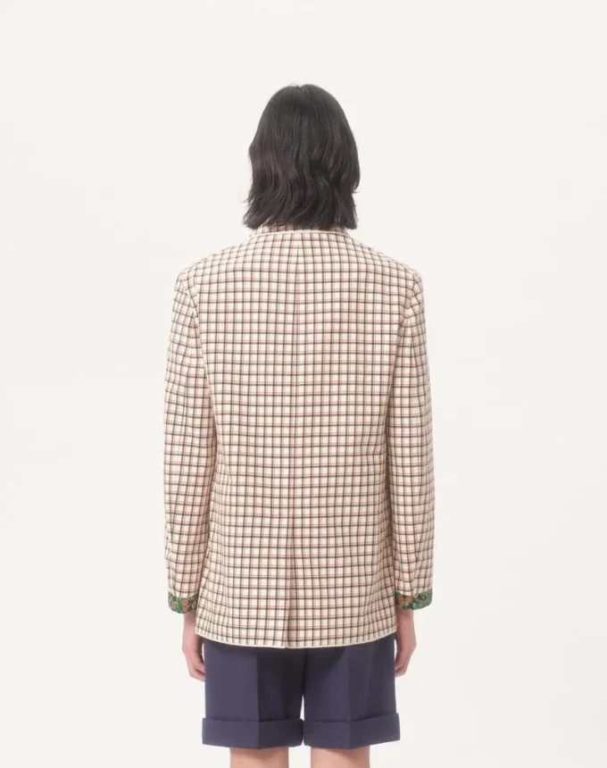 Einreihige Baumwolljacke mit Karomuster und bedruckten Kanten Einreihige Baumwolljacke mit Karomuster und bedruckten Kanten