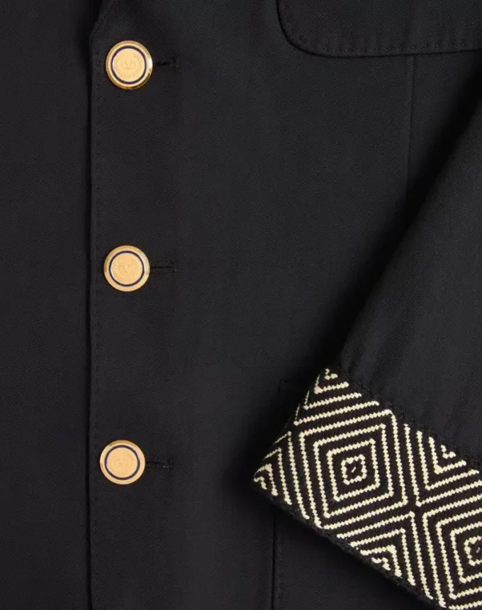 Einreihige Jacke aus Wolle und Baumwolle mit Jacquard-Besatz Einreihige Jacke aus Wolle und Baumwolle mit Jacquard-Besatz
