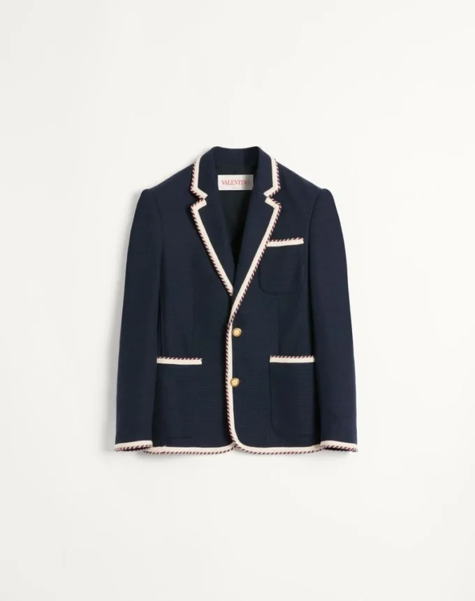 Einreihige Jersey-Baumwolljacke mit Torchon-Paspelierung Einreihige Jersey-Baumwolljacke mit Torchon-Paspelierung