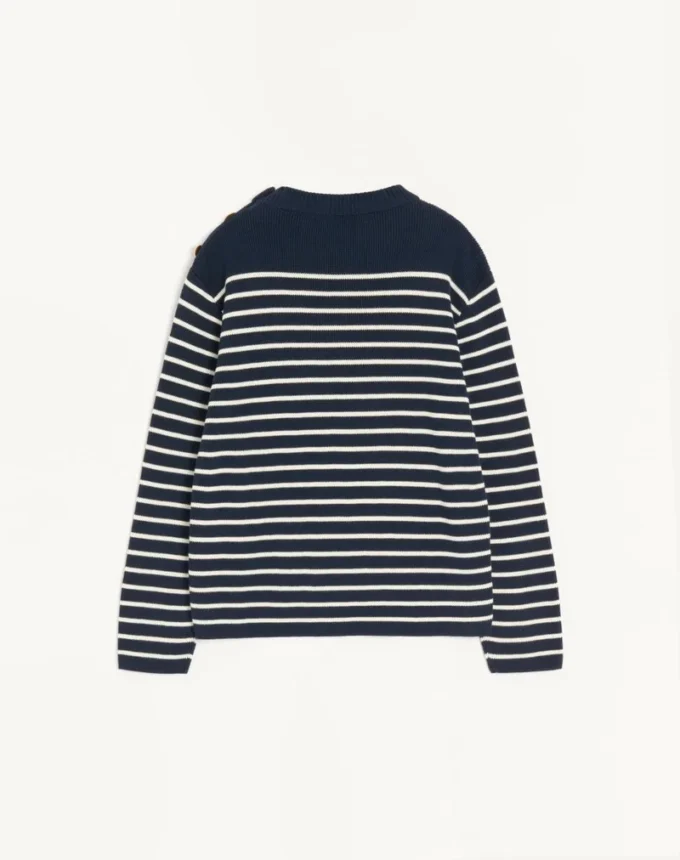 Gestreifter Baumwollpullover mit Rundhalsausschnitt und Knöpfen an der Schulter Gestreifter Baumwollpullover mit Rundhalsausschnitt und Knöpfen an der Schulter