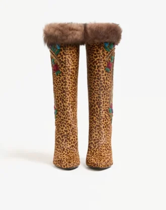 Hotty Stiefel aus Kalbsleder mit Pony-Effekt, Blumenstickerei und Fell 100 mm