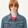 Jeansjacke mit Perlenstickerei und bedruckten Kanten Jeansjacke mit Perlenstickerei und bedruckten Kanten