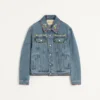 Jeansjacke mit Perlenstickerei und bedruckten Kanten Jeansjacke mit Perlenstickerei und bedruckten Kanten