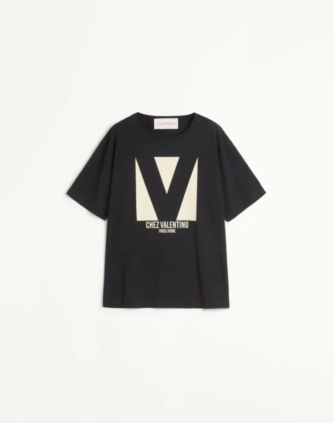 Jersey-Baumwoll-T-Shirt mit Chez Valentino-Print Jersey-Baumwoll-T-Shirt mit Chez Valentino-Print