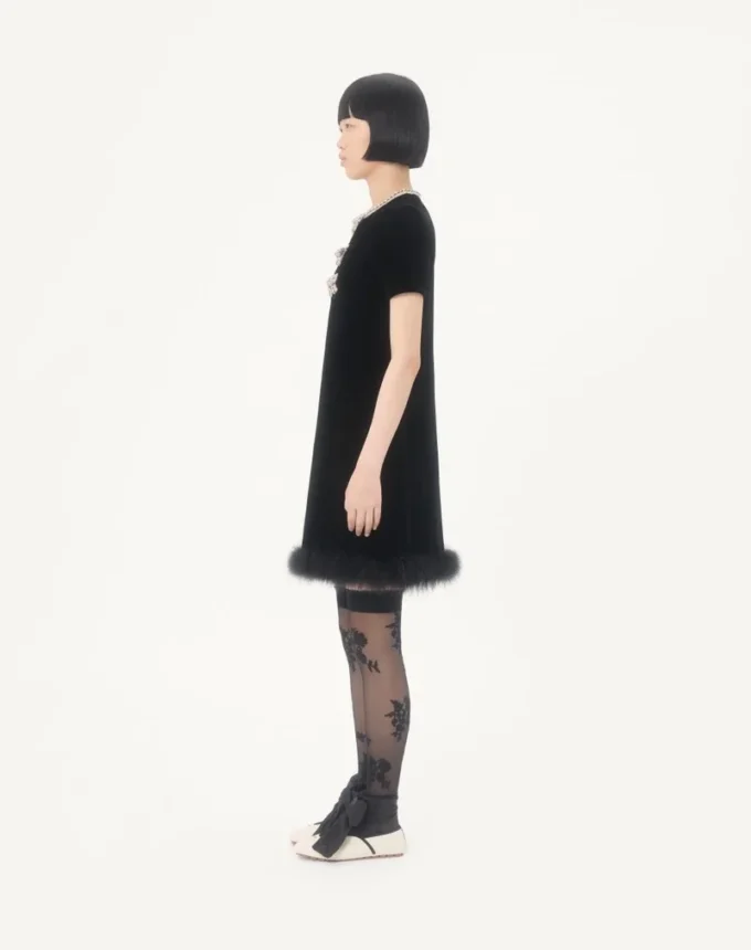 Kurzes Kleid aus besticktem Sablé-Samt Kurzes Kleid aus besticktem Sablé-Samt
