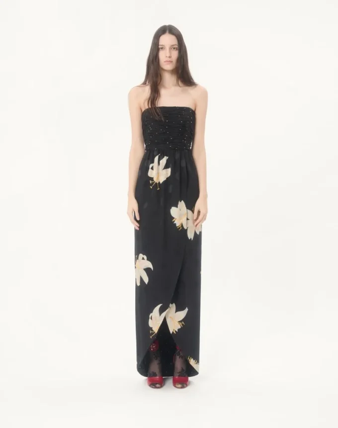 Langes Kleid aus Crêpe de Chine Jacquard Apres L’Hiver Lilium Langes Kleid aus Crêpe de Chine Jacquard Apres L’Hiver Lilium