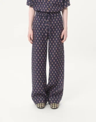 Leichte Leinenhose mit Umschlag und Voyage Imaginaire-Print