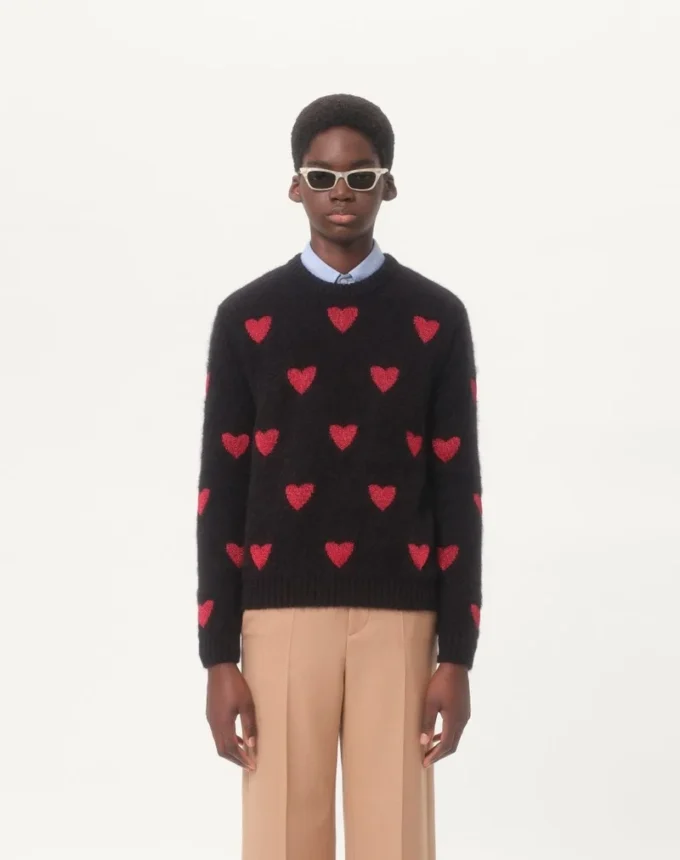 Mohair-Wolle- und Lurex-Pullover mit Herz-Jacquardmuster Mohair-Wolle- und Lurex-Pullover mit Herz-Jacquardmuster