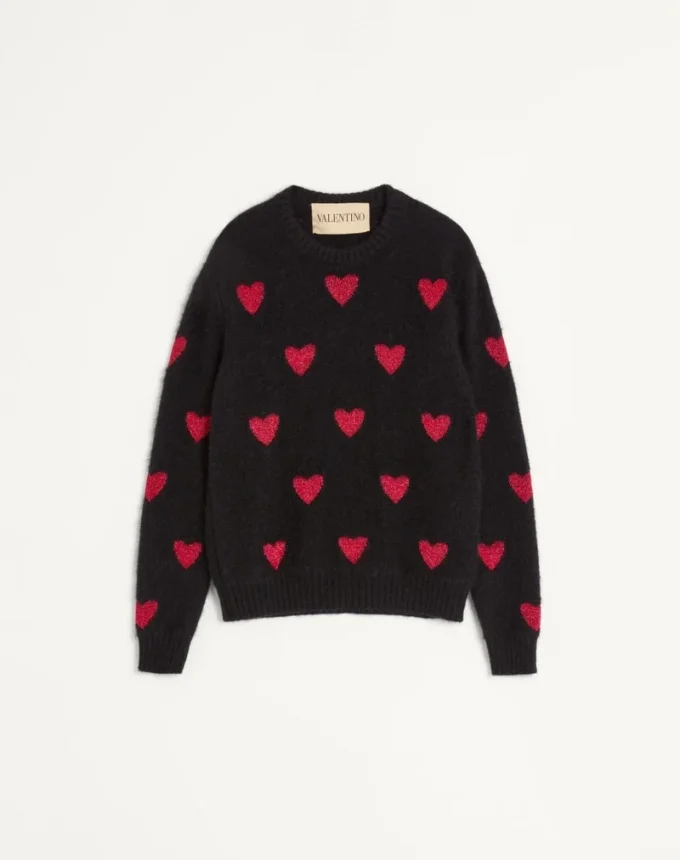 Mohair-Wolle- und Lurex-Pullover mit Herz-Jacquardmuster Mohair-Wolle- und Lurex-Pullover mit Herz-Jacquardmuster