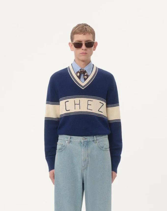 Pullover aus Wolle und Baumwolle mit Chez Valentino Jacquard-Muster Pullover aus Wolle und Baumwolle mit Chez Valentino Jacquard-Muster