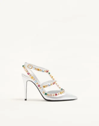 Rockstud Décolleté aus laminiertem Nappaleder mit Cabochon und Kristallen 100 mm