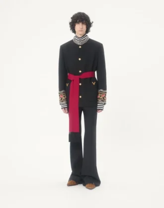 Valentino bestickte Jacke mit Gürtel aus Wollgabardine mit VGold