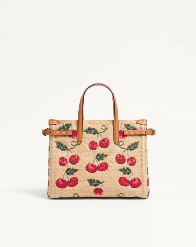 Valentino Garavani Antibes Kleine Einkaufstasche aus Jacquard-Raffia mit Cherryfic-Muster Valentino Garavani Antibes Kleine Einkaufstasche aus Jacquard-Raffia mit Cherryfic-Muster