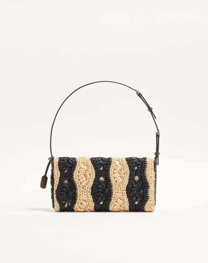 Valentino Garavani DeVain Kleine Schultertasche aus Raffia mit Wellenmuster Valentino Garavani DeVain Kleine Schultertasche aus Raffia mit Wellenmuster