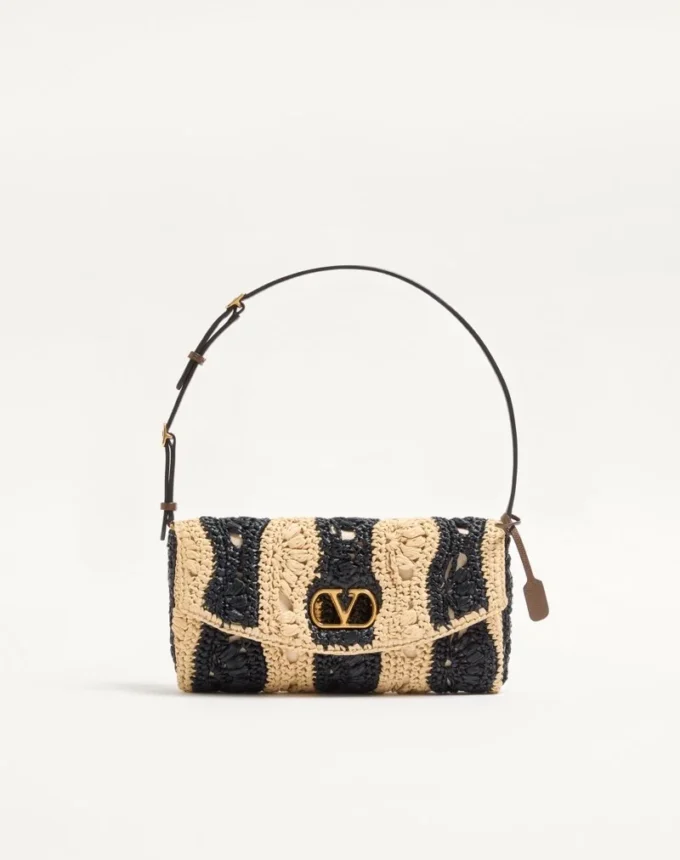 Valentino Garavani DeVain Kleine Schultertasche aus Raffia mit Wellenmuster Valentino Garavani DeVain Kleine Schultertasche aus Raffia mit Wellenmuster