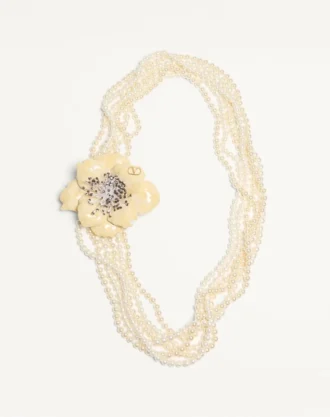 Valentino Garavani Fleur Lumineuse Halskette aus Metall, Emaille, Perlen und Stoff