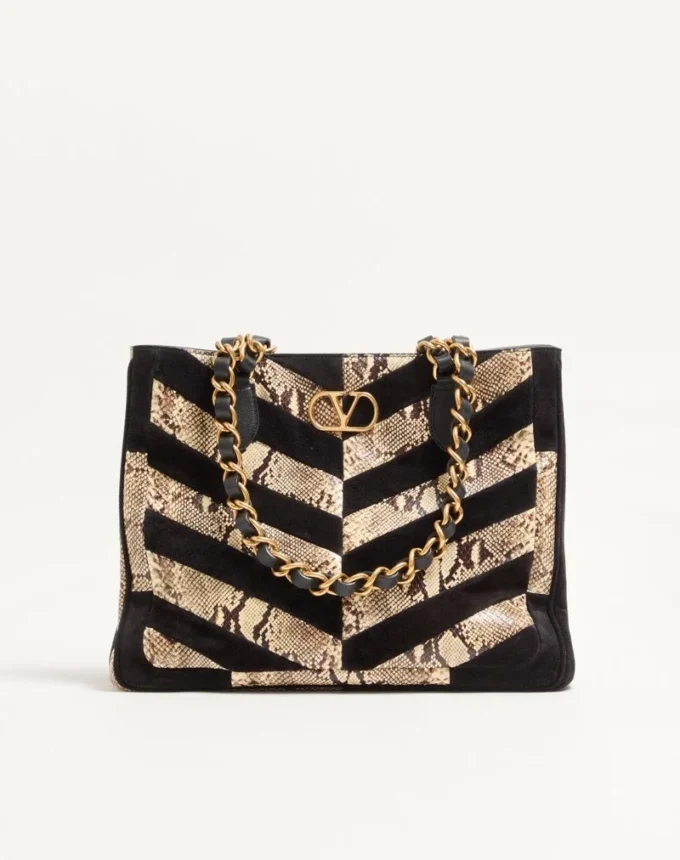 Valentino Garavani Laseine Shopping Bag aus Pythonleder und Wildleder mit Chevron-Muster Valentino Garavani Laseine Shopping Bag aus Pythonleder und Wildleder mit Chevron-Muster