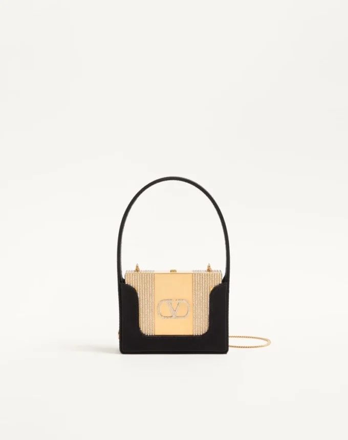 Valentino Garavani Minaumorphe Minaudière aus Metall mit Swarovski®-Kristallen und Satinbeutel Valentino Garavani Minaumorphe Minaudière aus Metall mit Swarovski®-Kristallen und Satinbeutel