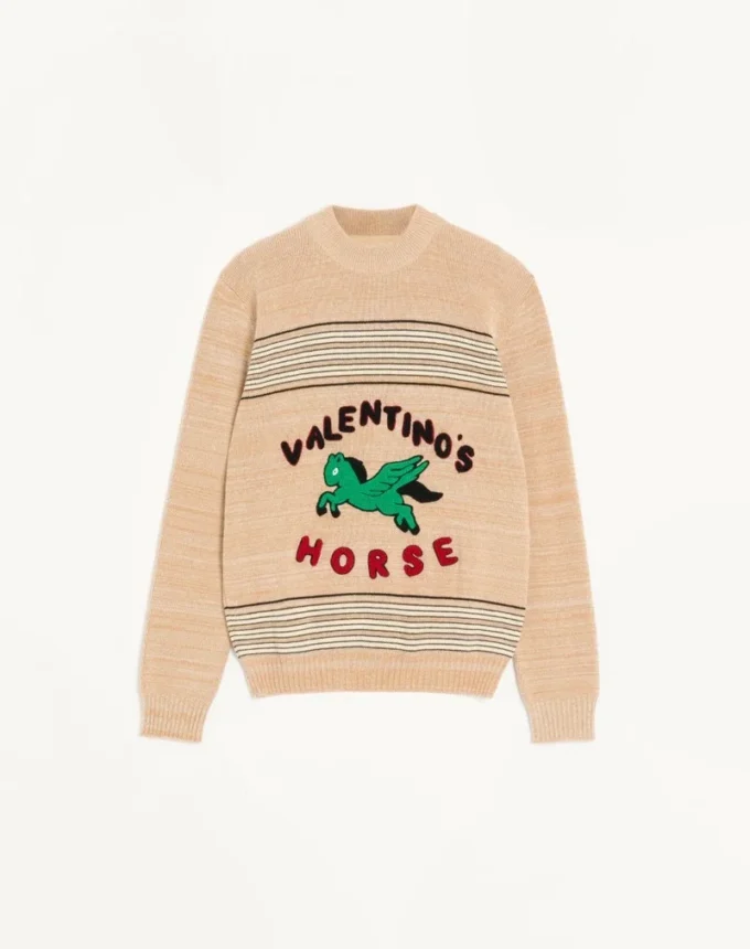 Valentino Pullover aus Wolle und Baumwolle mit Valentino Pferdeaufnäher Valentino Pullover aus Wolle und Baumwolle mit Valentino Pferdeaufnäher