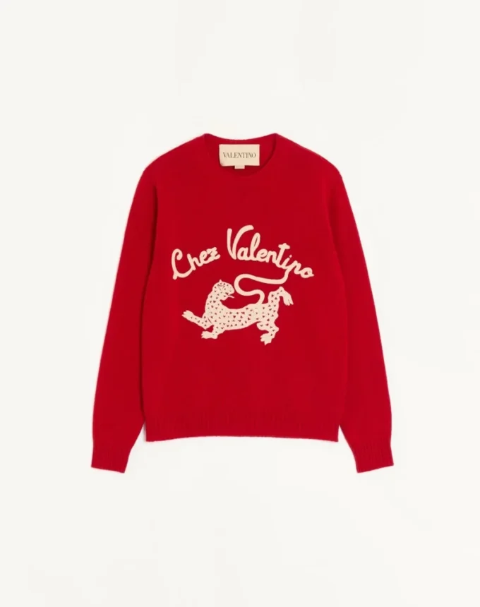Valentino Wollpullover mit Chez Valentino & Panther-Stickerei Valentino Wollpullover mit Chez Valentino & Panther-Stickerei
