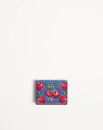 Vlogo Signature Denim-Geldbörse mit Cherryfic-Stickerei