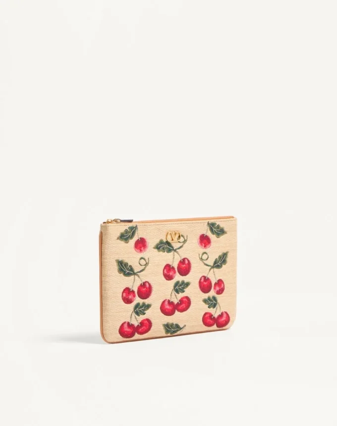 Vlogo Signature Pouch aus Jacquard-Raffia mit Cherryfic-Muster Vlogo Signature Pouch aus Jacquard-Raffia mit Cherryfic-Muster