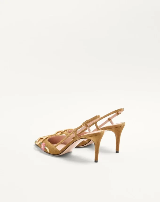 VLogo Signature Slingback-Pumps aus Crust-Leder mit Blumenstickerei, 80 mm