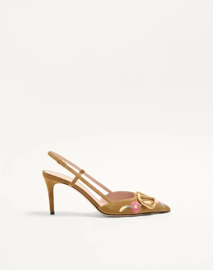 VLogo Signature Slingback-Pumps aus Crust-Leder mit Blumenstickerei, 80 mm