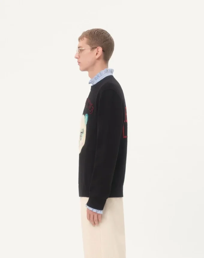 Woll- und Baumwollpullover mit Le Chat De La Maison-Aufnäher Woll- und Baumwollpullover mit Le Chat De La Maison-Aufnäher