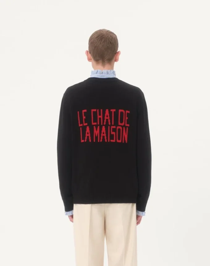 Woll- und Baumwollpullover mit Le Chat De La Maison-Aufnäher Woll- und Baumwollpullover mit Le Chat De La Maison-Aufnäher