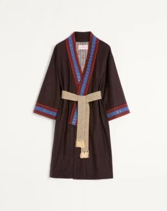 Wollflanell-Morgenmantel mit Jacquard-Gürtel